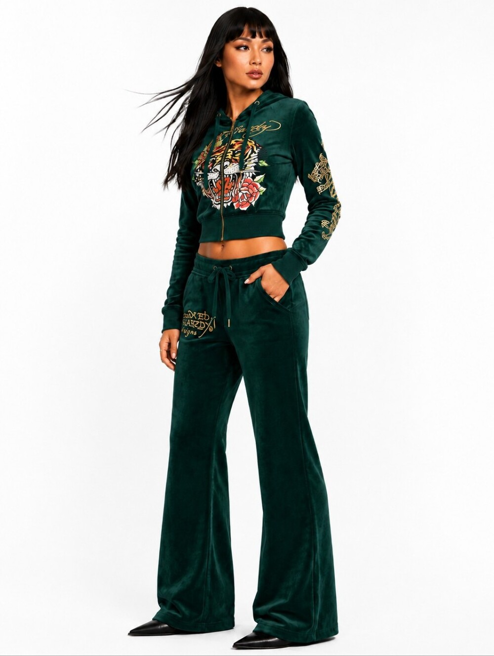 2PC SET ED HARDY Velour Tracksuit Green Tiger WIDE LEG Hoodie Joggers LARGE NWT